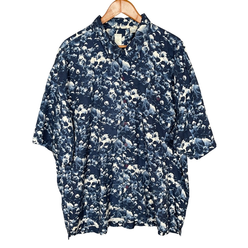 VTG Burma Bibas Blue Photo People Print Silk Camp Shirt Mens XXL Novelty 90s Art